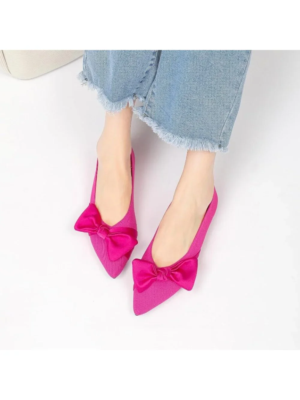 Women's Pink Mesh Pointed Toe Ballet Slip On Comfortable  Flats with Bow Shoes